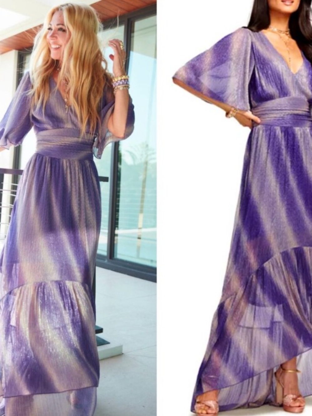 Ramy Brook “Alex” Shimmery Purple Metallic High-Low V-Neck Maxi Dress XL